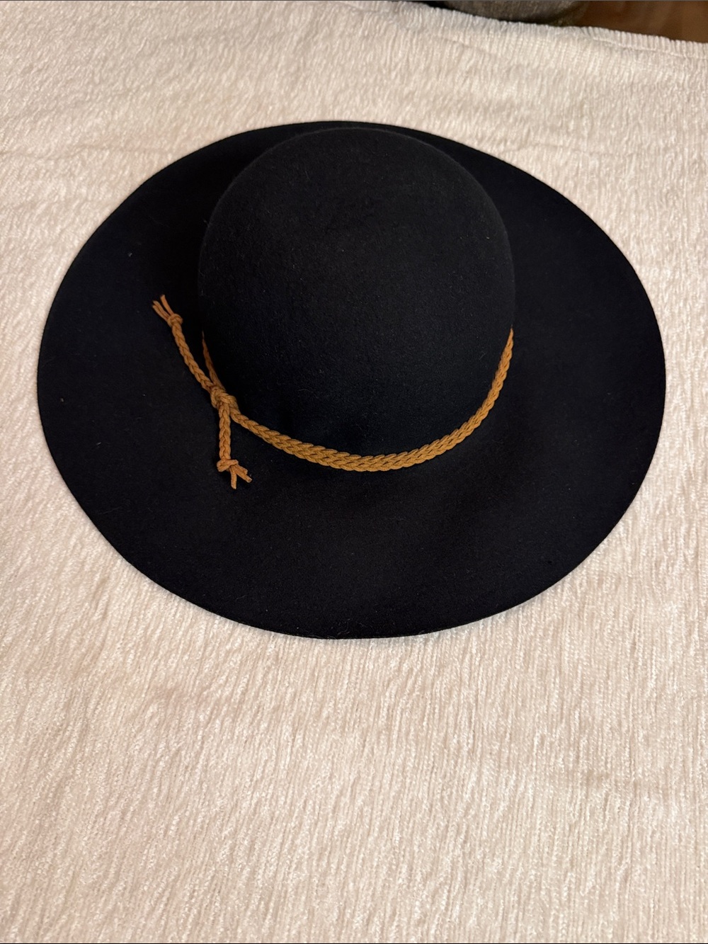Black Wide-Brim Wool Hat with Tan Braid